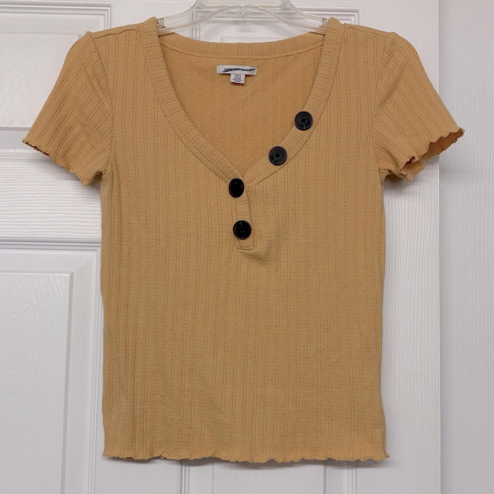 American Eagle Mustard Yellow V Neck Ribbed Top Large Buttons Sz S